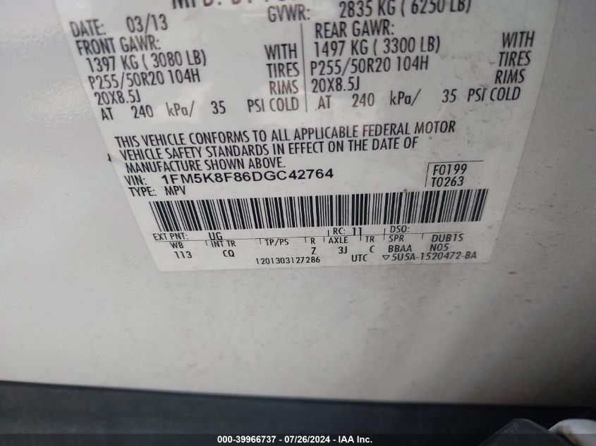 2013 Ford Explorer Limited VIN: 1FM5K8F86DGC42764 Lot: 39966737
