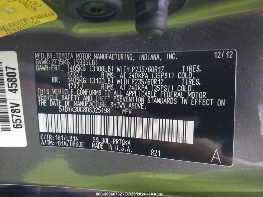 2013 Toyota Sienna Xle V6 8 Passenger VIN: 5TDYK3DC8DS325498 Lot: 39966762