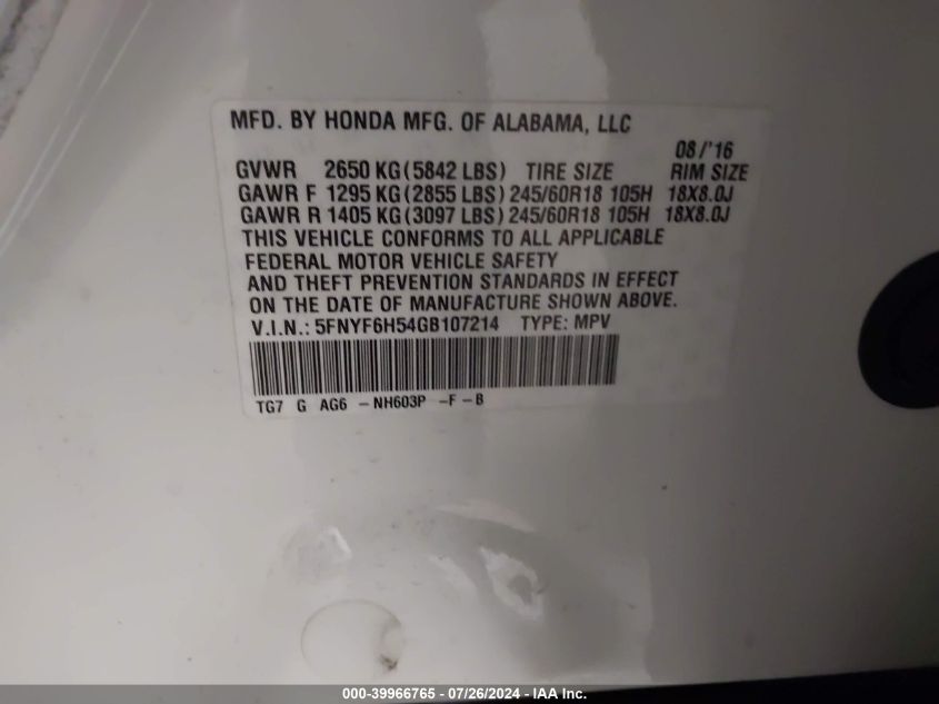 2016 Honda Pilot Exl VIN: 5FNYF6H54GB107214 Lot: 39966765