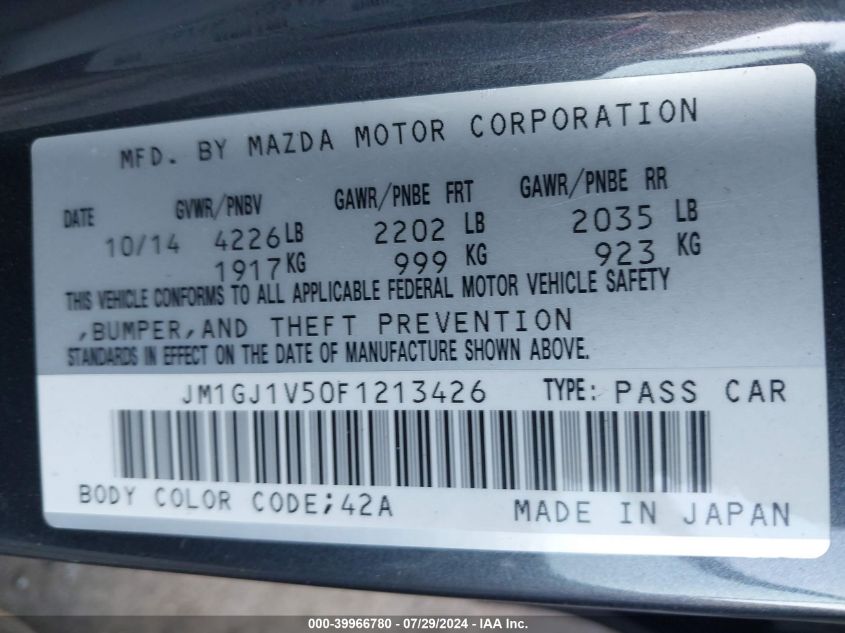 2015 Mazda Mazda6 I Touring VIN: JM1GJ1V50F1213426 Lot: 39966780