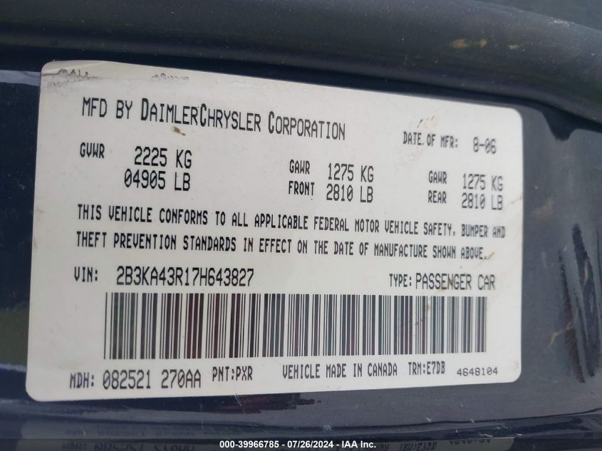 2007 Dodge Charger VIN: 2B3KA43R17H643827 Lot: 39966785