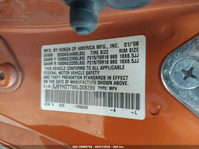 2006 Honda Element Ex VIN: 5J6YH27766L008289 Lot: 39966794