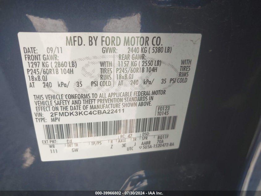 2012 Ford Edge Limited VIN: 2FMDK3KC4CBA22411 Lot: 39966802