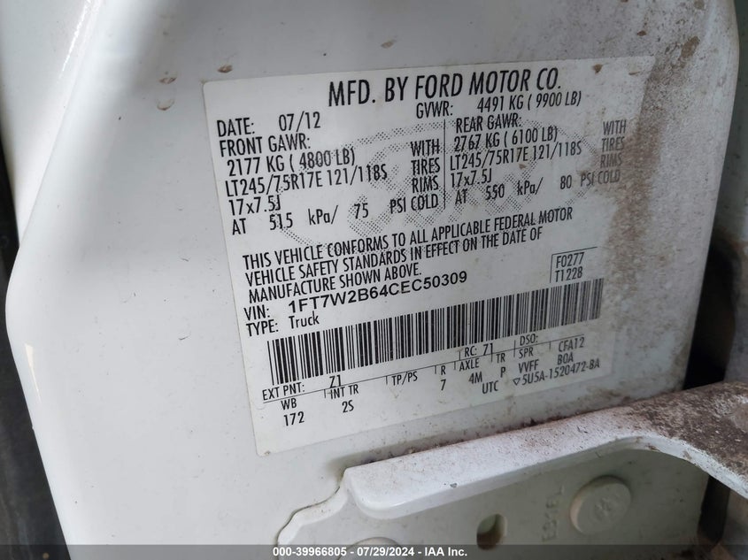 2012 Ford F250 Super Duty VIN: 1FT7W2B64CEC50309 Lot: 39966805