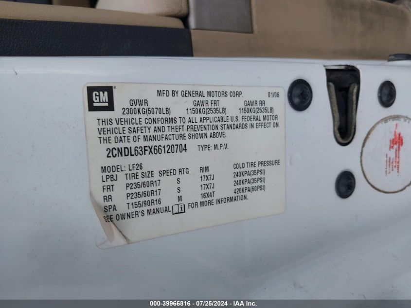 2006 Chevrolet Equinox Lt VIN: 2CNDL63FX66120704 Lot: 39966816