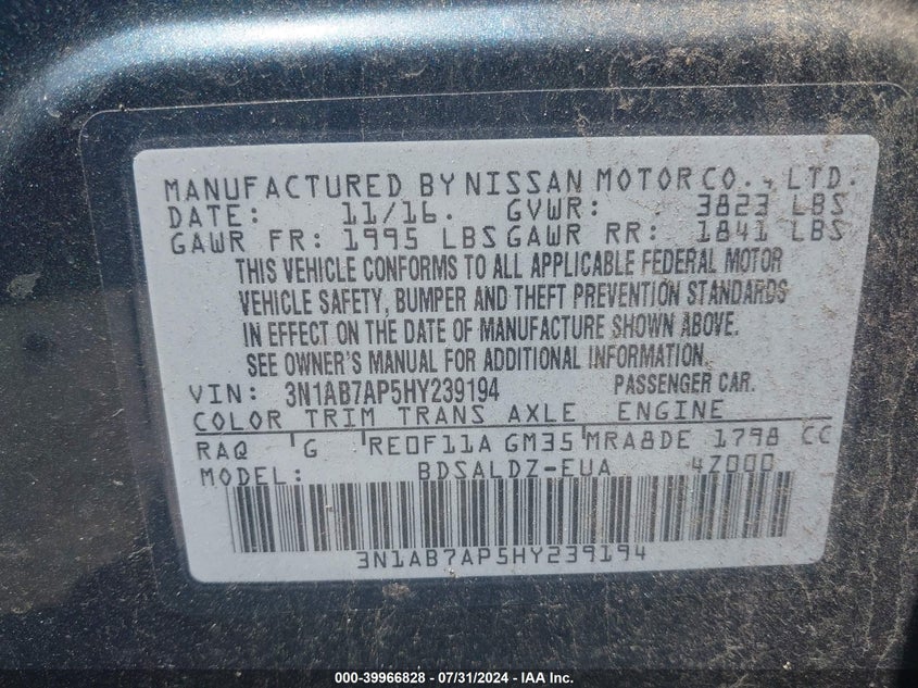 2017 Nissan Sentra Sv VIN: 3N1AB7AP5HY239194 Lot: 39966828