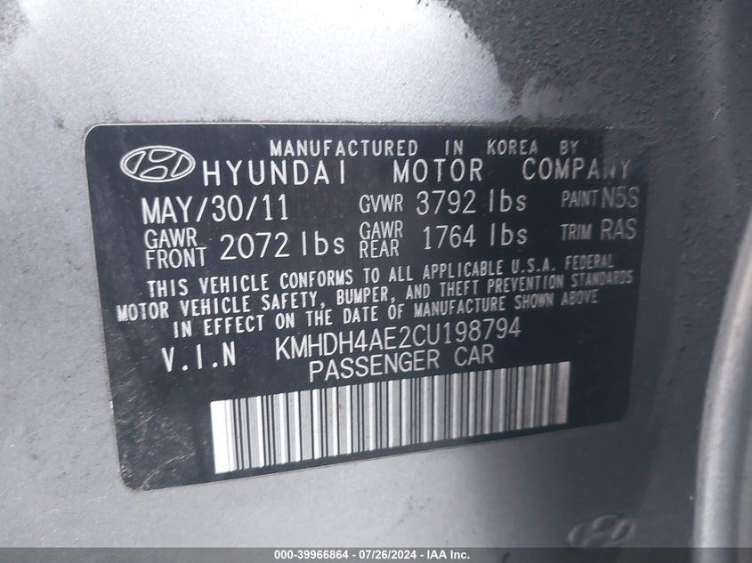 2012 Hyundai Elantra Gls/Limited VIN: KMHDH4AE2CU198794 Lot: 39966864