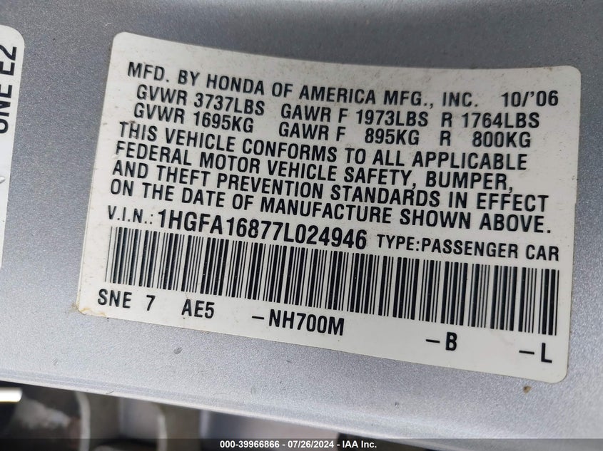 2007 Honda Civic Ex VIN: 1HGFA16877L024946 Lot: 39966866