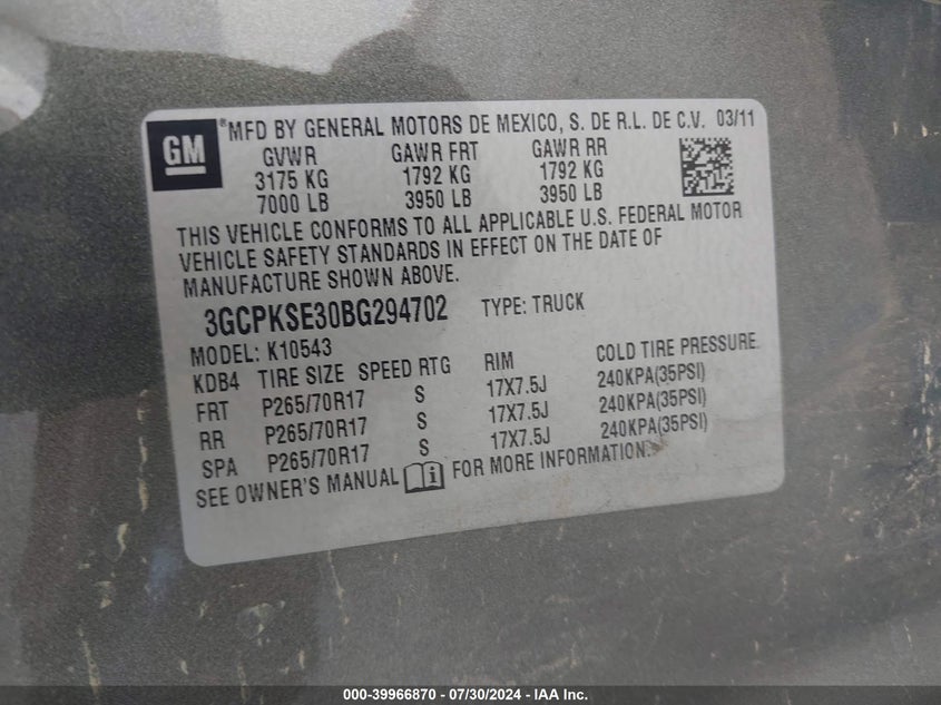 2011 Chevrolet Silverado 1500 Lt VIN: 3GCPKSE30BG294702 Lot: 39966870