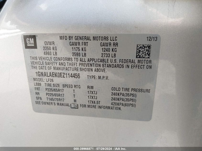 2014 Chevrolet Equinox Ls VIN: 1GNALAEK0EZ114456 Lot: 39966871