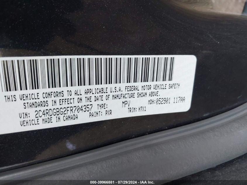 2015 Dodge Grand Caravan Se VIN: 2C4RDGBG2FR704357 Lot: 39966881