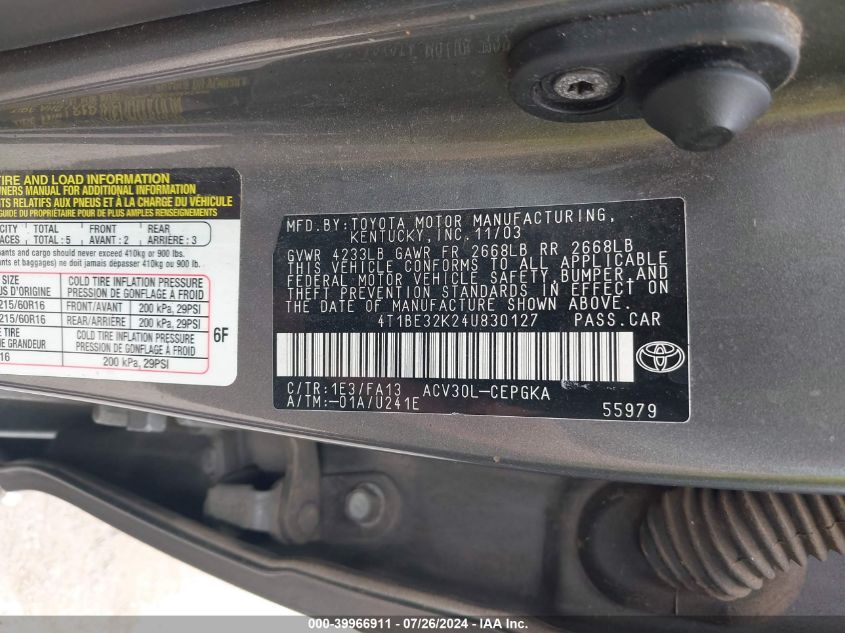 2004 Toyota Camry Xle VIN: 4T1BE32K24U830127 Lot: 39966911