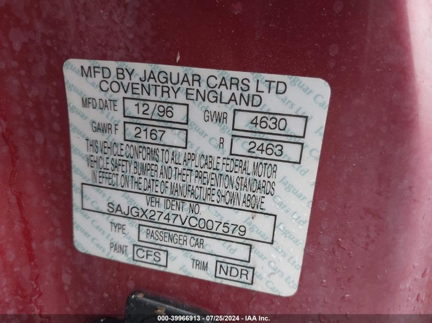 1997 Jaguar Xk8 VIN: SAJGX2747VC007579 Lot: 39966913