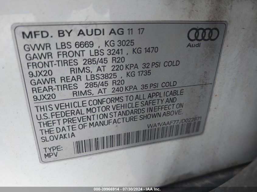 2018 Audi Q7 3.0T Premium VIN: WA1VAAF77JD022871 Lot: 39966914