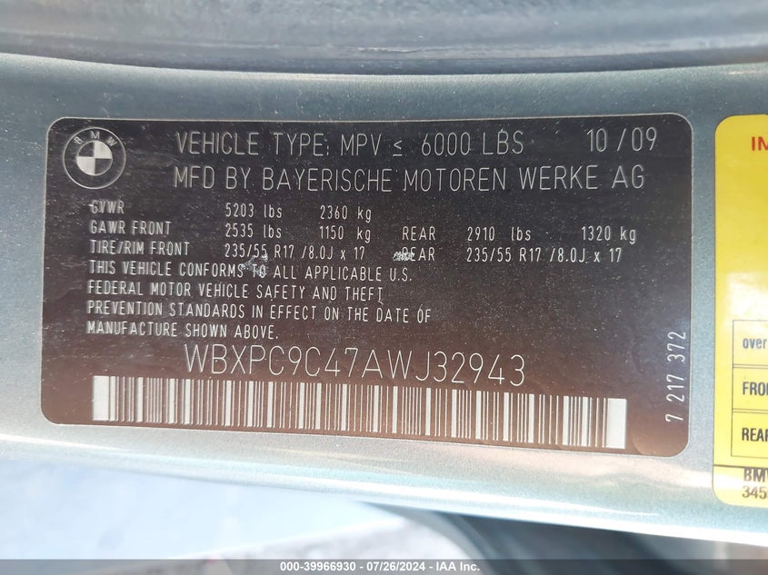 2010 BMW X3 xDrive30I VIN: WBXPC9C47AWJ32943 Lot: 39966930