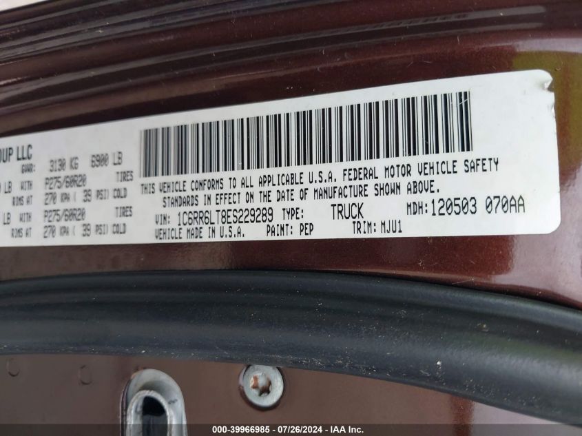 2014 Ram 1500 Big Horn VIN: 1C6RR6LT8ES229289 Lot: 39966985