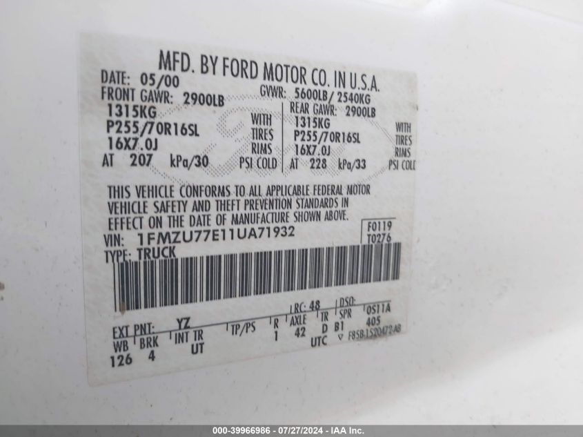 2001 Ford Explorer Sport Trac VIN: 1FMZU77E11UA71932 Lot: 39966986