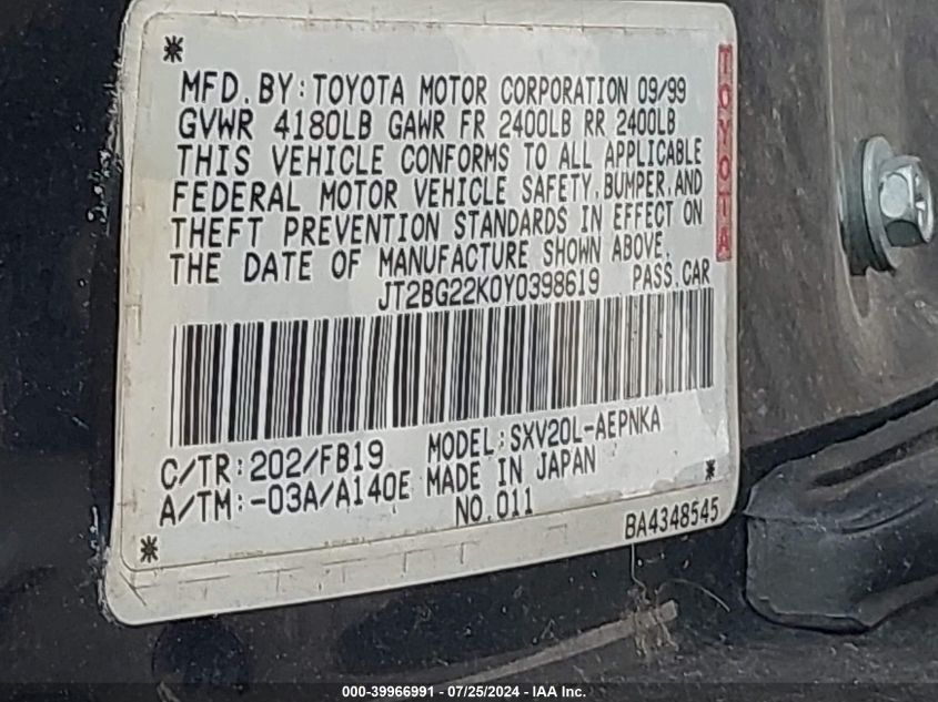 2000 Toyota Camry Le VIN: JT2BG22K0Y0398619 Lot: 39966991