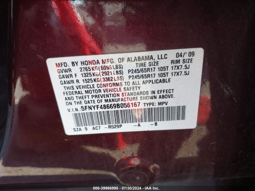 2009 Honda Pilot Ex-L VIN: 5FNYF48669B056167 Lot: 39966995