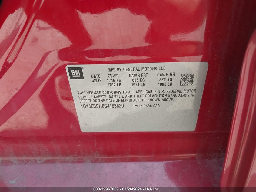 2012 Chevrolet Sonic 2Lz VIN: 1G1JE5SH0C4155529 Lot: 39967009