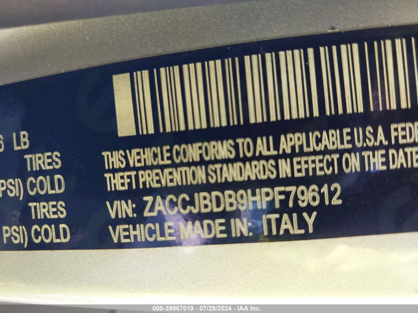 2017 Jeep Renegade Limited 4X4 VIN: ZACCJBDB9HPF79612 Lot: 39967019