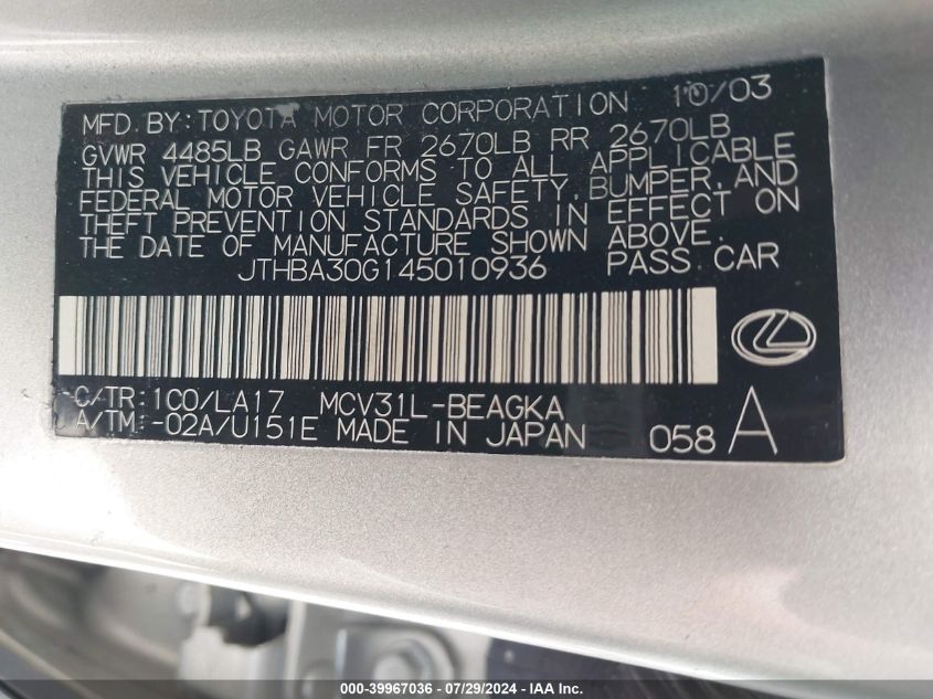 2004 Lexus Es 330 VIN: JTHBA30G145010936 Lot: 39967036