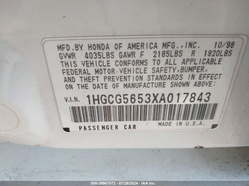 1HGCG5653XA017843 1999 Honda Accord Ex