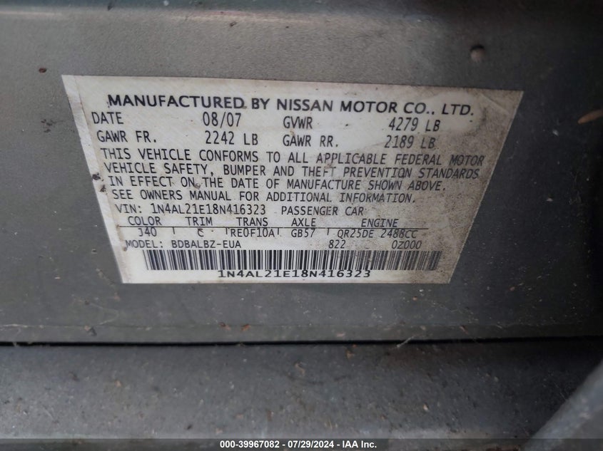 2008 Nissan Altima 2.5/2.5S VIN: 1N4AL21E18N416323 Lot: 39967082
