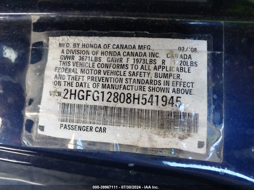 2008 Honda Civic Ex VIN: 2HGFG12808H541945 Lot: 39967111