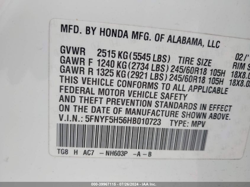 5FNYF5H56HB010723 2017 Honda Pilot Ex-L