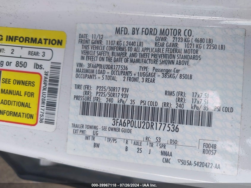 2013 Ford Fusion Hybrid Se VIN: 3FA6P0LU2DR177536 Lot: 39967118