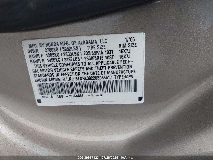 2006 Honda Odyssey Lx VIN: 5FNRL38226B066517 Lot: 39967123