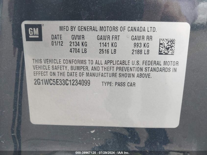 2012 Chevrolet Impala Ltz VIN: 2G1WC5E33C1234099 Lot: 39967125