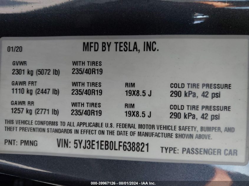 2020 Tesla Model 3 Long Range Dual Motor All-Wheel Drive VIN: 5YJ3E1EB0LF638821 Lot: 39967126