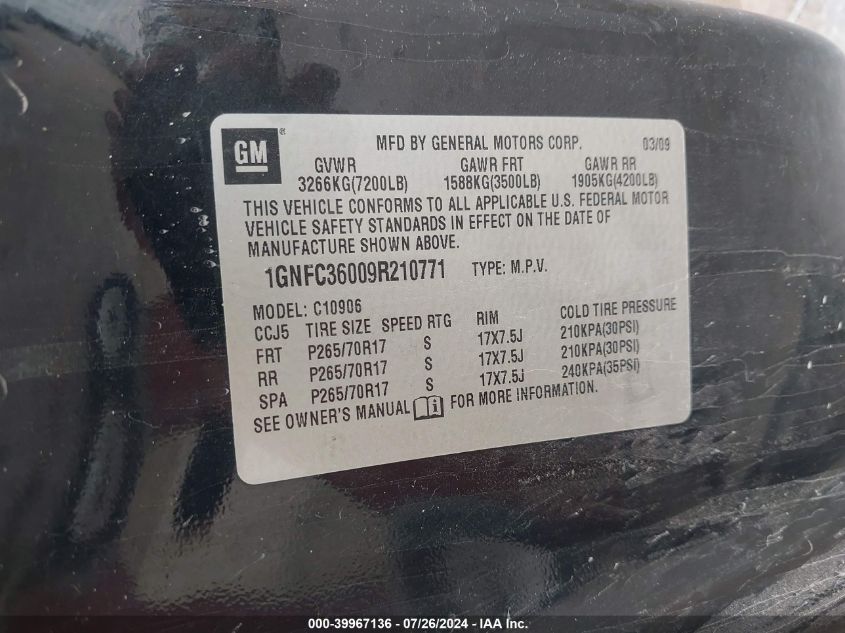 2009 Chevrolet Suburban 1500 Ltz VIN: 1GNFC36009R210771 Lot: 39967136
