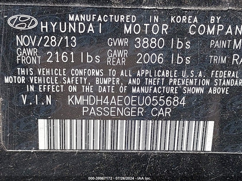 2014 Hyundai Elantra Se VIN: KMHDH4AE0EU055684 Lot: 39967172