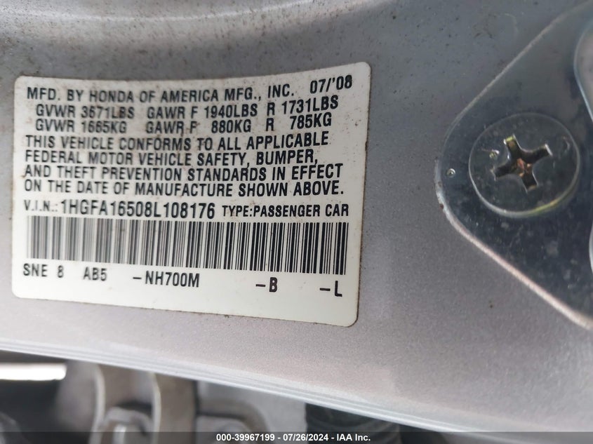 2008 Honda Civic Sdn Lx VIN: 1HGFA16508L108176 Lot: 39967199