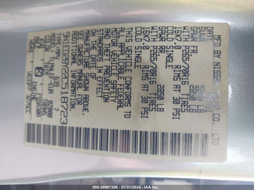 2002 Nissan Xterra Xe/Se VIN: 5N1ED28Y22C518723 Lot: 39967206