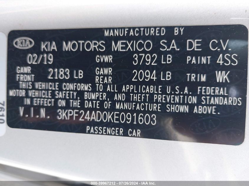 2019 Kia Forte Lxs VIN: 3KPF24AD0KE091603 Lot: 39967212