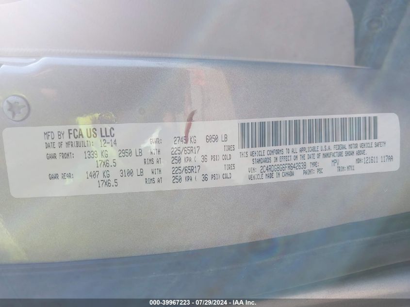 2015 Dodge Grand Caravan Se VIN: 2C4RDGBG6FR642638 Lot: 39967223