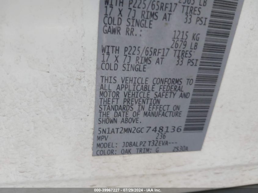 2016 Nissan Rogue S VIN: 5N1AT2MN2GC748136 Lot: 39967227