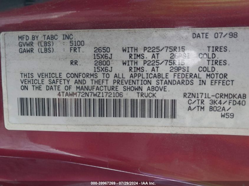 1998 Toyota Tacoma VIN: 4TAWM72N7WZ172106 Lot: 39967269