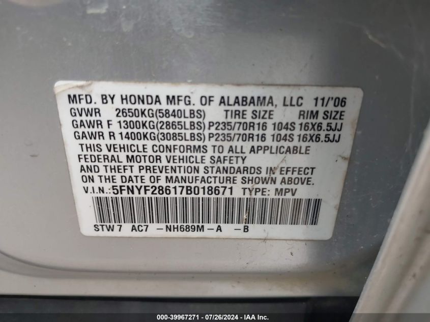 2007 Honda Pilot Exl VIN: 5FNYF28617B018671 Lot: 39967271