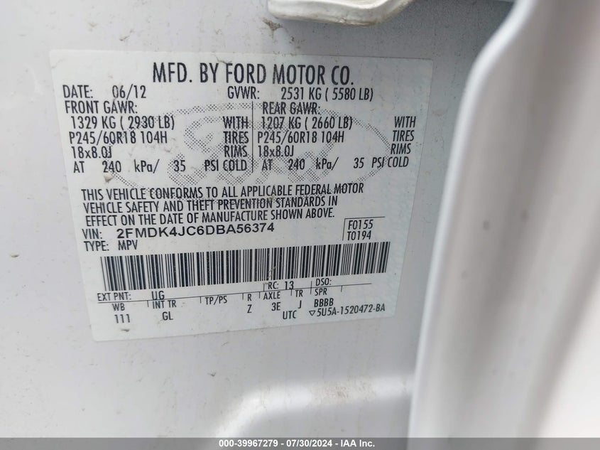 2013 Ford Edge Sel VIN: 2FMDK4JC6DBA56374 Lot: 39967279