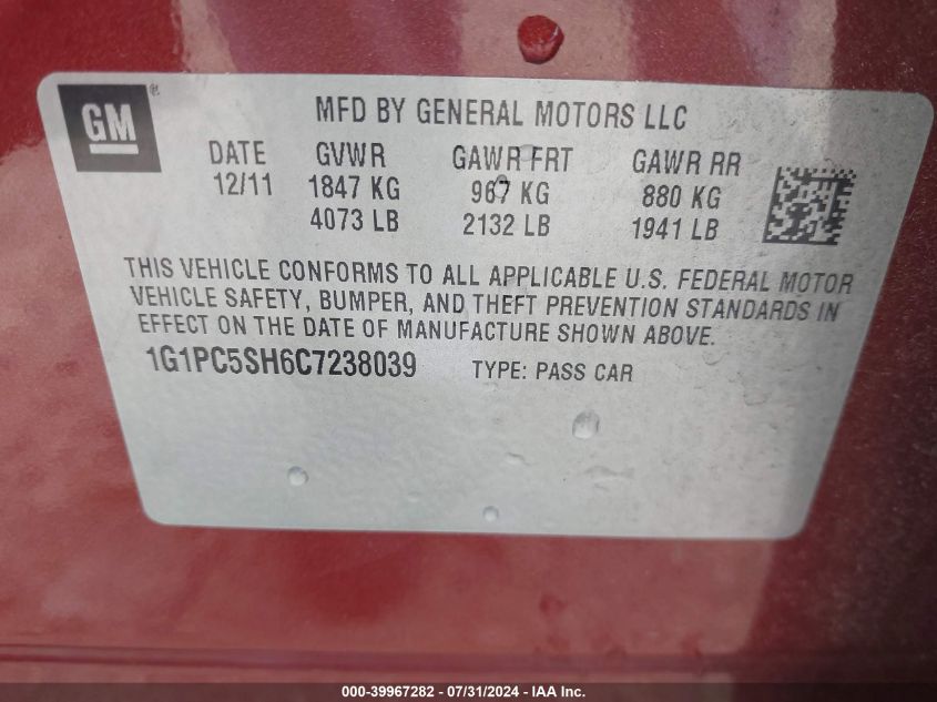 2012 Chevrolet Cruze Ls VIN: 1G1PC5SH6C7238039 Lot: 39967282