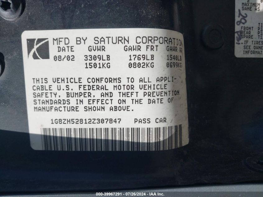 2002 Saturn Sl1 VIN: 1G8ZH52812Z307847 Lot: 39967291