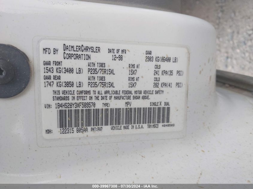 1999 Dodge Durango VIN: 1B4HS28Y3XF589570 Lot: 39967308