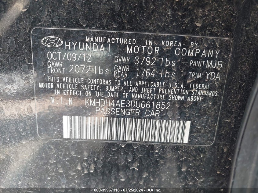 2013 Hyundai Elantra Gls VIN: KMHDH4AE3DU661852 Lot: 39967318