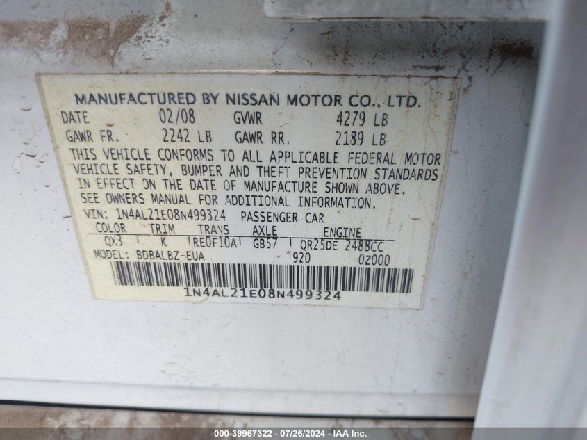2008 Nissan Altima 2.5 S VIN: 1N4AL21E08N499324 Lot: 39967322
