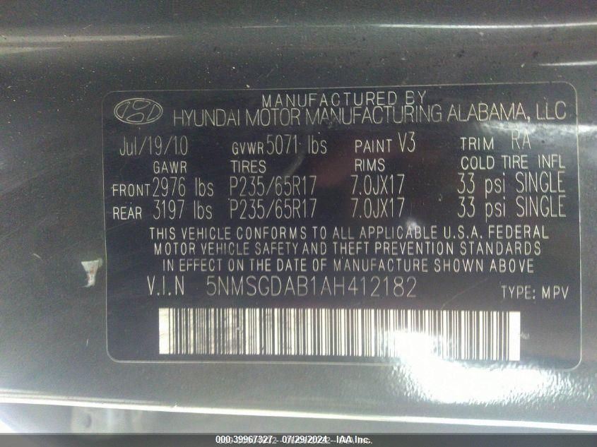 2010 Hyundai Santa Fe Gls VIN: 5NMSGDAB1AH412182 Lot: 39967327